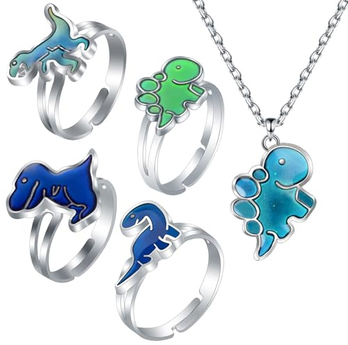 BRTNUP Juego de 4 anillos de estado de ánimo con 1 collar de estado de ánimo, anillos de estado de ánimo que cambian de color y collar, anillo de diseño de dinosaurio, sensible a la temperatura