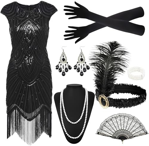 Lotiaan Abito Anni 20 Donna, 1920s Vestito da Flapper con Paillettes e Frange, Vestito Charleston, Abito Vintage con Accessori Anni '20 Donna, 1920s Costume per Carnevale Feste (L)