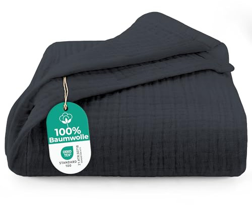 Dreamzie Musselin Tagesdecke 220x240 cm – Baumwolldecke Oeko-Tex Zertifiziert – Atmungsaktive Kuscheldecke – leichte Kuscheldecke Baumwolle als Sofa-, Bett- & Couchüberwurf – Anthrazit