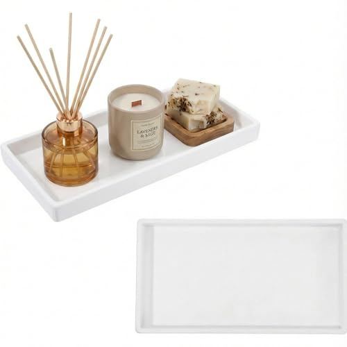 Badezimmer Tablett Deko, Weiß Melamin Ablageschale Badezimmer Organizer Modern, Dekotablett für Wohnzimmer, Schlafzimmer, Toilette, Waschbecken, Badewanne und Küchenspüle (Rechteckig)