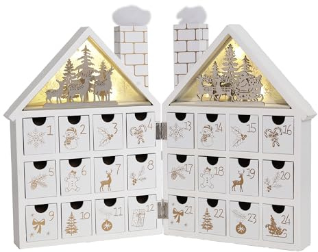 PIONEER-EFFORT Wooden Christmas Advent Calendar House with 24 Drawers and Led Lights Countdown Calendars for Christmas Decoration 2023, Candy Box (White Forest)