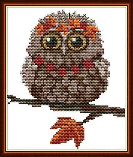 YEESAM ART Kreuzstich-Set, gestempelt für Erwachsene, Anfänger, Kinder, Eulen-Ahornblätter, 11 Ft, 24 x 28 cm, Stickerei-Set mit einfachen, lustigen vorgedruckten Mustern, Nadelspitze, (Eule Ahorn)