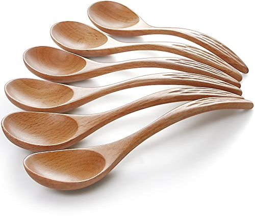 Holzlöffel, Esslöffel Suppenlöffel 6 Stück Löffel Set im japanischen Stil Natur löffel Holz Küchengerät Kaffee Tee Honig Küchenzubehör Servicelöffel für Zuhause, Küche, Party, Restaurant