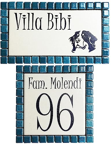 GUIZZO Creart - Targa Personalizzata Nomi in Ceramica 17x9.5H + Numero Civico Esterno 12x12H, Set Targhetta Personalizzata Cornice Mosaico + Numeri Civici Esterni, Targhetta Porta Ingresso Verde Scuro