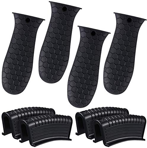 Patelai 8 Pcs Silicone Pot Holders Set Cast Iron Handle Cover Heat Resistant Pot Handle Covers Potholder Non Slip Reusable Pan Sleeve for Frying Pan Kitchen Supplies(Black)