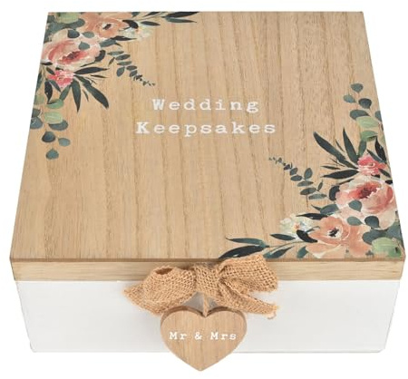 Widdop and Co Love Story Wooden Wedding Day Keepsake Box - Mr and Mrs Hearts | Mr & Mrs Memory Box with Heart Clasp – Rustic Wedding Gift for Photos, Cards & Special Memories