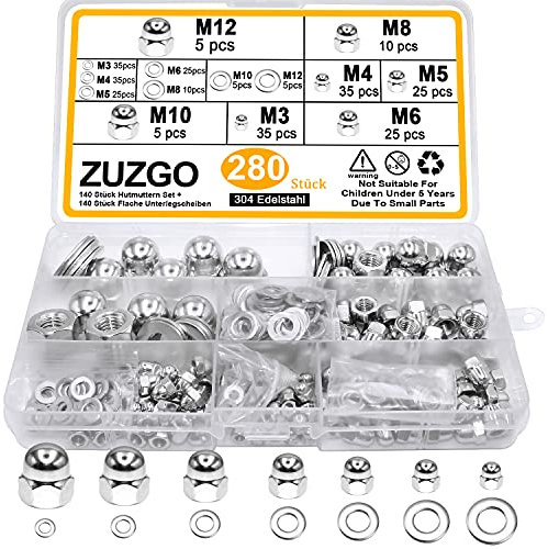 ZUZGO 280Pcs Écrous Borgnes Inox 304 Ecrou Hexagonal avec Rondelles Plates M3 M4 M5 M6 M8 M10 M12