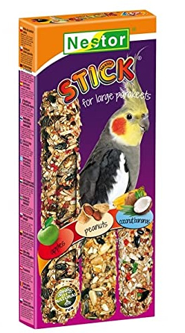 3x Large Parakeets or Parrot PEANUTS + TROPICAL + APPLES 3in1 Sticks Parrots Cockatiel Treats 175g Bird Seed Food Budgie Canary Conures Cockatoo Snacks with Cage Hooks