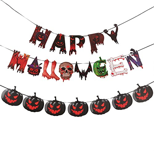 Set of 3 Happy Halloween Banners - Happy Halloween Banner Scary Skeleton Zombie Vampire Bat Decoration, Pumpkin Logo Halloween Banner Party Props Decoration, Scary Halloween Banner
