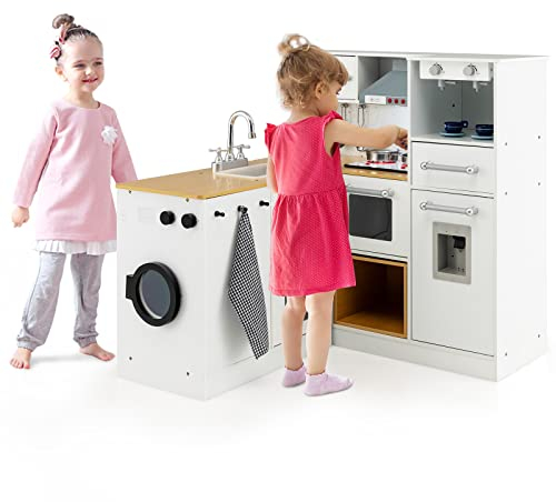 GOPLUS Eck Kinderküche, Spielküche mit Spüle, Herd, Waschmaschine & Wasserspender, Küchenspielset mit Licht & Sound für Kinder ab 3, Spielzeugküche mit Hocker mit Stauraum