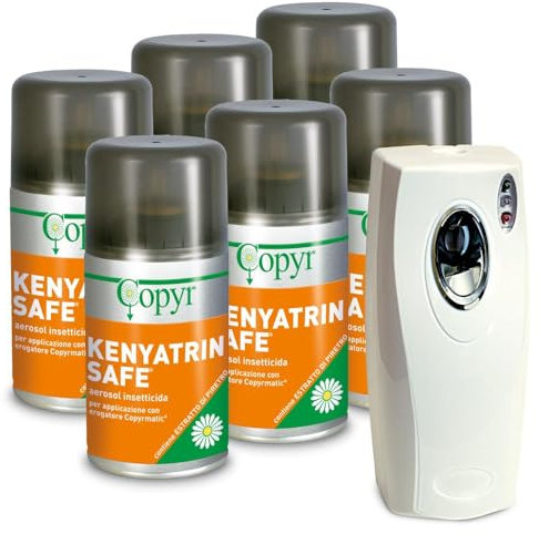 Copyr Kenyatrin Safe e Copyrmatic Evolution Night & Day - Insetticida Antizanzare, Mosche e Insetti Volanti, 6 Bombole 250ml + Erogatore Automatico, Piretro Insetticida Biologico e Repellente Zanzare