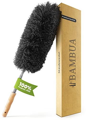 BAMBUA® Feather Duster Extendable - (Premium Quality) Multi-Purpose Extendable Duster for Cleaning the Home - Washable - Natural Bamboo Handle (Eco-Friendly) - Telescopic Duster on a stick (140 cm)