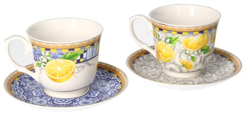 Keyhomestore - Paar Tassen aus Keramik, verziert mit Zitronen, Höhe 10 cm, Farbe Gelb, ideal für die Pause Kaffee und Tee oder als Möbelstück.