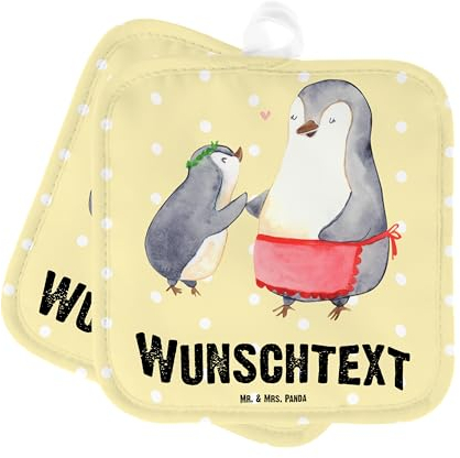 Mr. & Mrs. Panda Personalisierte Topflappen Pinguin mit Kind - Geschenke, Muttertag, Vorbild Mama, Topfuntersetzer, Namensaufdruck, Mutter, Personalisierter Ofenhandschuh, Set Personalisiert, Geschenk