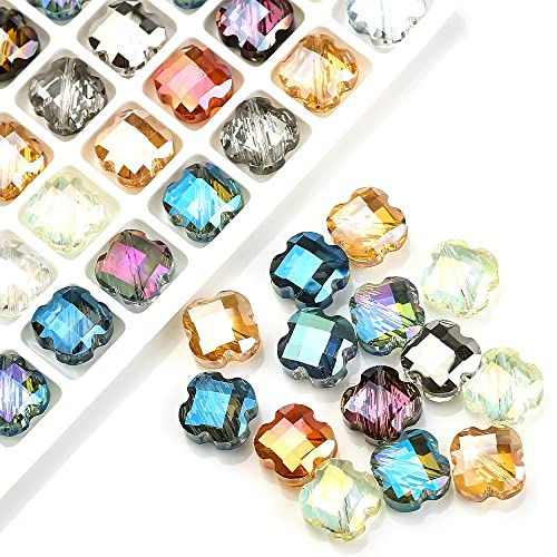 Duories 50 Stück 12 mm vierblättrige Kleeblatt-Kristallperlen Glasperlen mit Löchern Glücksklee-Perlen,Verstreute Perlen,Für DIY Schmuckherstellung,Halsketten,Armbänder,Ohrringe,Gemischte Farbe