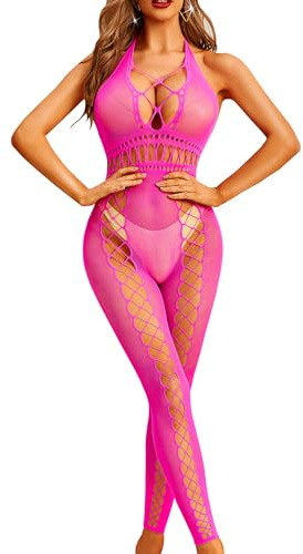 RSLOVE Lingerie sexy da donna Body in rete Bodystocking in rete, vestito femminile, Rosa, Taglia unica