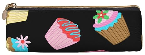 ReesEt Federmäppchen mit Cupcake-Muster, dreieckiges Stiftetui, tragbare Leder-Bleistifttasche mit Reißverschluss, Kosmetiktasche