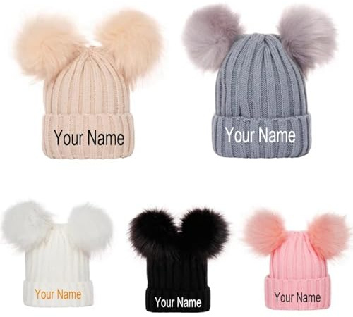 Personalisierte Babymütze, individueller Name, Doppel-Pom-Mütze, Strickmütze, Mütze für Kleinkinder, Kinder, Jungen, Grills, individuelle Babymütze, Weihnachten, Neugeborene, Wintermütze, Mehrfarbig