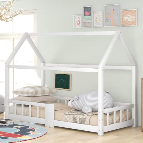 LUMLAM Kinderbett 90 x 200CM mit Dach und Lattenrost, Hausbett für Mädchen und Jungen, Kinderhaus aus massivem Kiefernholz, Stabiles Jugendbett, Massivholz Kinder Bett Bettenhaus Spielbett (Weiß)