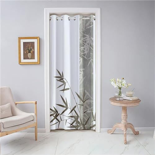 Odot Tende Oscuranti per Porta con Occhielli, Motivo Foglie di bambù Tenda Divisoria per Stanza Tende con Occhielli per Interni Tenda Porta Isolamento Termico (80x180cm,Foglie Grigie)