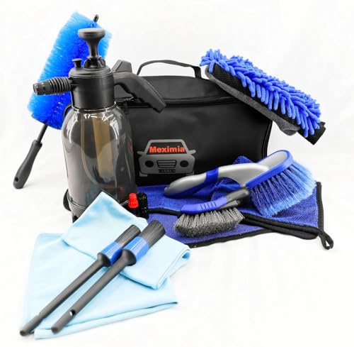 Meximia Kit Nettoyage Voiture,12PCS, Bouteille Spray Mousse prélavage, Gant Lavage Microfibre, Brosses Jantes et pneus, Pinceaux De Détail, Sac De Rangement