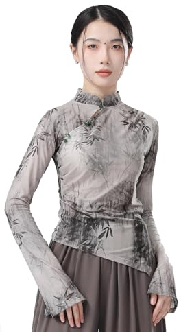 Angcoco Blusas de Blusa Cheongsam de Pintura de Tinta Tradicional China para Mujer