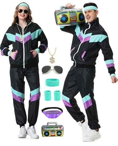 KUKIKUKI 80er 90er Jahre Outfit für Herren und Damen,80s Tracksuit Sportbekleidung, Trainingsanzug Jogginganzug Outfit für 80er Jahre Outfit Herren Kostüm
