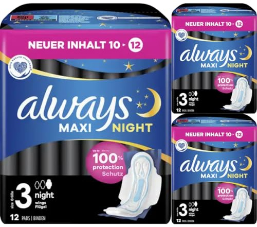 Maxi Damenbinden Night mit Flügeln Binden (Größe 3) Pads Damenbinden 12 STÜCK x 3 Packungen
