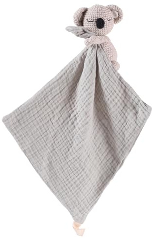 Hand Knit Koala Baby Blanket - Cute Educational Plush Doll and Baby Rattle, Soothing Toy.