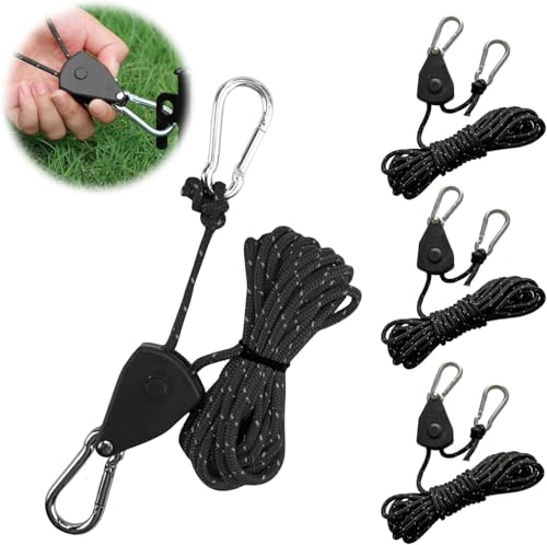 4 Stück 4mm Reflektierend Abspannseile Seil mit Seilspanner, 4M Seil Ratsche Zeltschnur Leuchtend, Einstellbare Nylon Schnurspanner Camping Schnur Sturmband für Sonnensegel Wäscheleine (schwarz)