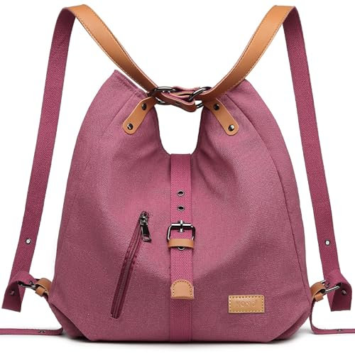 KONO Canvas Handtasche Damen Rucksackhandtaschen Rucksack 2 in 1 Handtasche Damen Stoff Verstellbare Schultergurte für Alltag Büro Schule Ausflug Einkauf(Rosa)