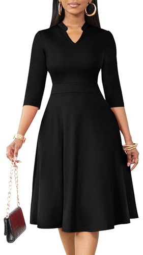Nmoder Casual Dresses for Women Semi Formal Fit and Flare 3/4 Sleeve A-line Church Work Dress with Pockets Black L