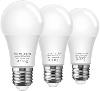 E27 Screw Bulb, 100W Equivalent LED Screw in Light Bulb Cool White, 3Pack | 1200LM, 13W A60 LED GLS Bulbs, 6000K Daylight White, Save 87% Energy, Non-Dimmable, Ideal for Chandelier, Ceilling