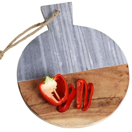 Grey Marble & Wood Board 32cm Round Acacia Kitchen Chopping Cutting Serving Display