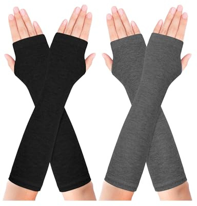 Becellen 2 par långa fingerlösa handskar, vinterhandskar uppvärmningsvantar armbåge med tumme hål för kvinnor och män, Svart, mörkgrå, one size
