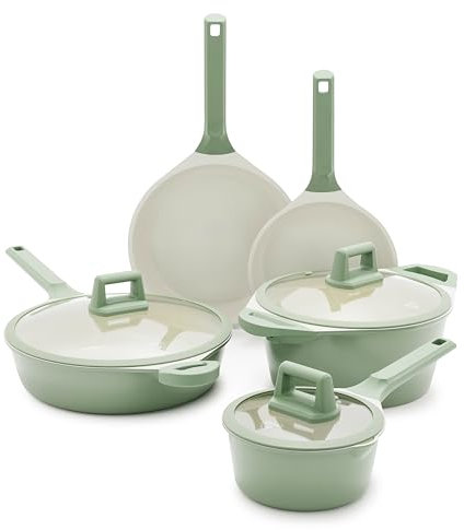 GreenLife Arte 8 Piece Ceramic Nonstick Cookware Pots and Pans Set, Induction Suitable, PFOA & PFAS Free, Stay-Cool Handles, Glass Lids, Stock Saucepans & Frying Pans, Dishwasher Safe, Sage Green