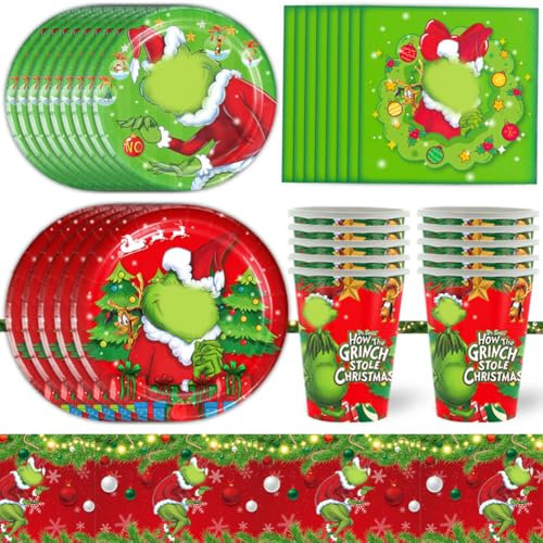 SWZY 81pcs Stoviglie per feste di Natale, set da tavola Merry Xmas Tree, piatto, tazza, tovagliolo, tovaglia, il motivo Grinch Decorazione per la tavola per feste di Natale -10persone