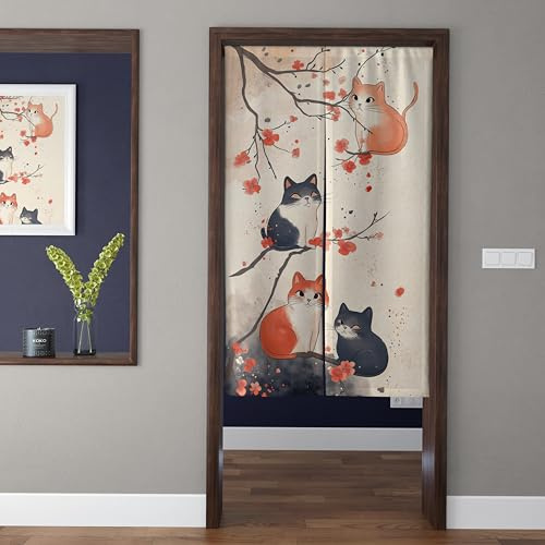 ChangTsing Japanischer Stil dick Leinen Noren Lang Vorhänge 80 x 90 cm Baumwolle und Leinen Japanischer Türvorhang Süße Katze - 3 für Küche, Schlafzimmer, Badezimmer