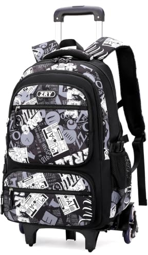 Amythe Schulrucksack Teenager, Abnehmbare Trolley Rucksack Schule mit 6 Räder für Jungen ab 10 Jahren, College-Schulranzen mit Rollen, Lässig Herren Daypack 16 Zoll, Schwarz