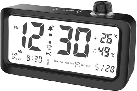 LUPATDY Despertador, despertador digital con pantalla LCD grande, despertador analógico, sin tictac, con fecha de temperatura, repetición, despertador digital para mesita de noche dormitorio (negro)