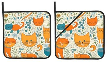 Quadratische isolierte Topflappen mit Cartoon-Katze (2er-Set) hitzebeständige Ofenhandschuhe, rutschfest, leicht zu reinigen, Mikrowellenhandschuhe zum Backen und Grillen