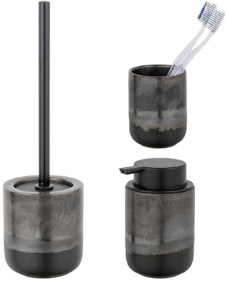 Schöner Wohnen Kollektion Bad-Accessoire Set Mod. RIOLO 3-TLG aus hochwertiger Keramik mit Effektglasur in Dunkelgrau inkl. WC-Garnitur und Seifenspender Maße 38,5 x 11,5 cm