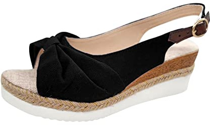 LOIJMK Solide Tissu Décontracté Paille Coin, Boucle, Sandales Chaussures Femmes Escarpins Petit Talon, Noir , 41 EU