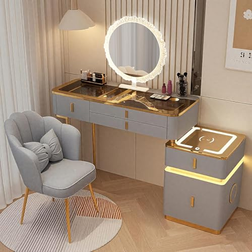 Dressing Tables set with LED Lights，Vanity Makeup Table with 5 Drawers Makeup Desk with Wireless Charging Station& Bluetooth Speaker Chair for Bedroom Girl Women 100cm(Gray-gold)