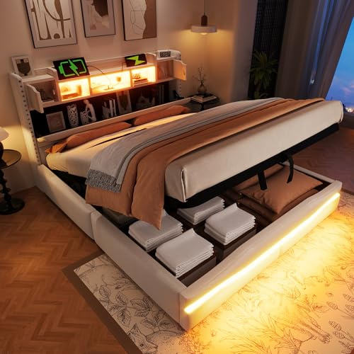 Gxffipw Doppelbett Polsterbett 160x200 cm mit USB Ladefunktion und LED Licht, Hydraulisches Bett mit Stauraum und Kopfteil, Stauraumbett Bettgestell mit Lattenrost, Leinen, Beige, Ohne Matratze