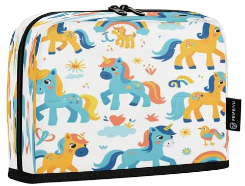 Mnsruu Trousse à crayons multi-couches avec motif chevaux bleus et jaunes debout pour garçons et filles - Organiseur de papeterie pour l'école, le bureau, le travail