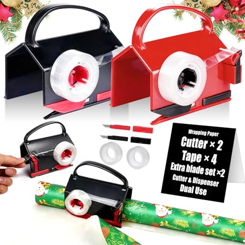 (2-Pack) Wrapping Paper Cutter & Tape Dispenser Dual Use - 4 Tapes, 2 Replace Blades - Gift Wrap Tool, Paper Roll Slicer, Smooth Straight Cut Packaging Tool for Birthday, Holiday & Office Use