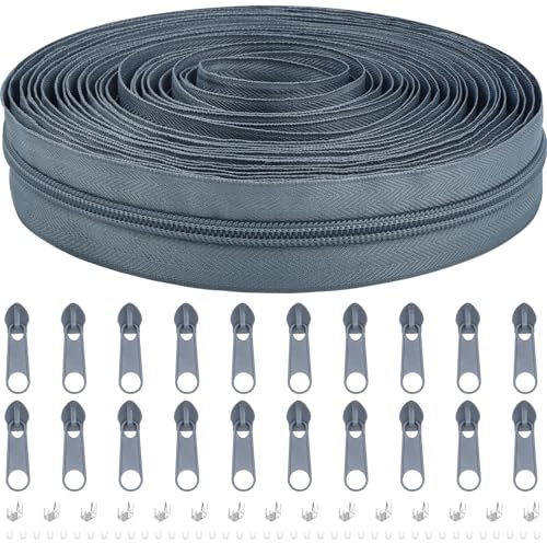 Endlos Reissverschluss mit Zipper, 5mm 9m Nylon Endlosreißverschluss Meterware und 20 Zipper aus Metall für Kleidung Tasche Mäppchen Bettwäsche (Dunkelgrau, #5)