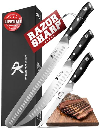 KITCHEN PERFECTION 3-Piece BBQ Slicing & Carving Meat Knife Set -12” Brisket Knife, 10” Butcher Knife, 6” Boning Knife with Sheaths -Razor Sharp German Steel,Full Tang Ergonomic Handles- Gifts for Men