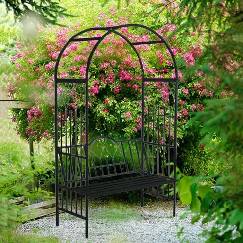 Arche de jardin en métal noir avec banc, 114,3 x 50,8 x 210,8 cm (L x l x H), treillis d'extérieur pour plantes grimpantes et plantes grimpantes, tonnelle élégante pour décoration de jardin et arche